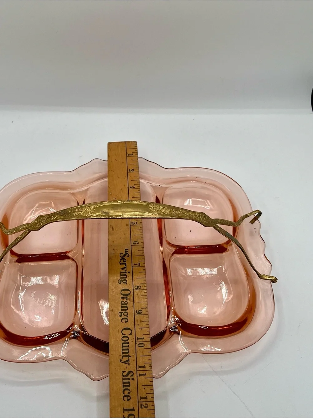 Vintage Pink Glass Divided Serving Tray with Handle from